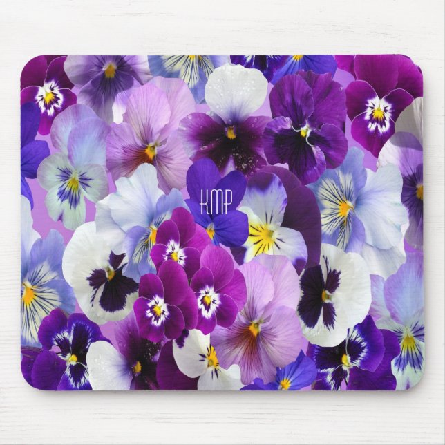 Tapis De Souris Monogramme Purple Bleu Pansy Blanc Fleurs Florales (Devant)