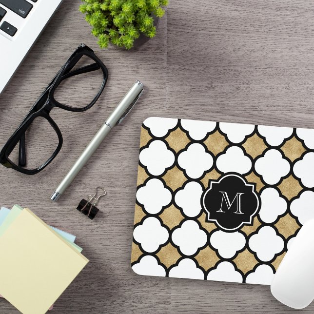 Tapis De Souris Monogramme Quatrefeuilles Géométrique Or Noir Blan (Créateur téléchargé)