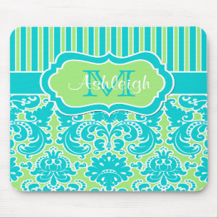 Tapis De Souris Monogramme rayé blanc Mousepad de damassé de vert