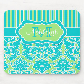 Tapis De Souris Monogramme rayé blanc Mousepad de damassé de vert