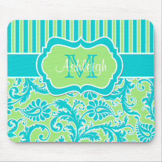 Tapis De Souris Monogramme rayé blanc Mousepad de damassé de vert