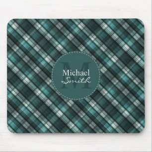 Tapis De Souris Monogramme rayé de plaid vert-foncé (de vert ble