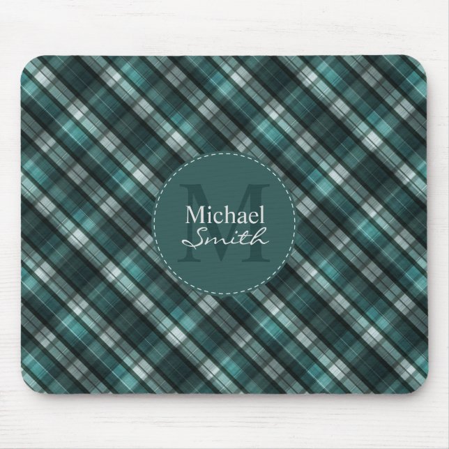 Tapis De Souris Monogramme rayé de plaid vert-foncé (de vert bleu) (Devant)