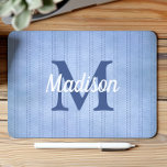 Tapis De Souris Monogramme rétro à rayures Vintages bleu poudre<br><div class="desc">Ce design présente un motif à rayures vintages en bleu pastel en poudre avec des rayures en pointillé bleu foncé. Personnalisez-le avec votre initiale monogramme en bleu et votre nom en blanc rétro script.</div>