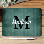 Tapis De Souris Monogramme rétro à rayures Vintages d'épinette<br><div class="desc">Ce design présente un motif à rayures vintages en vert épinette avec rayures en pointillé noir. Personnalisez-le avec votre initiale monogramme en noir et votre nom en écriture rétro blanche.</div>