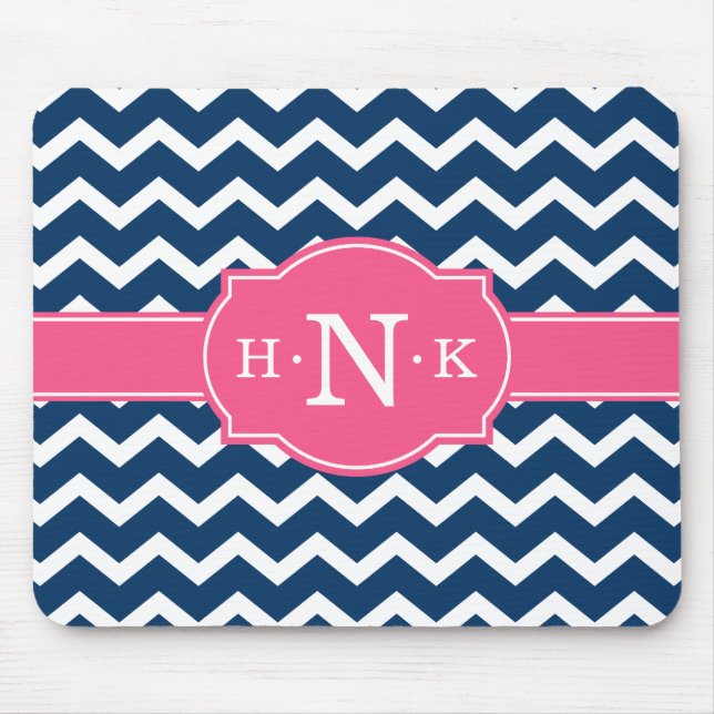 Tapis De Souris Monogramme rose Chevron Bleu Fille (Devant)