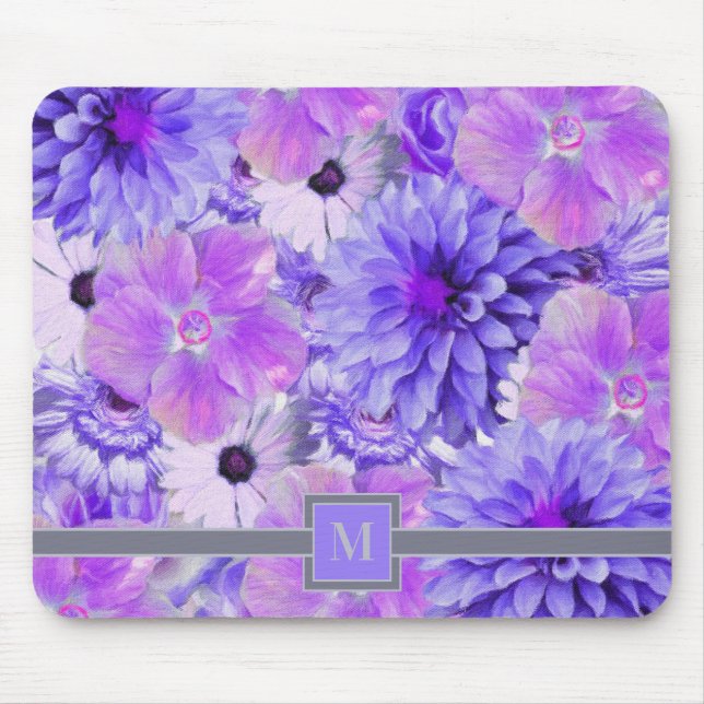 Tapis De Souris Monogramme rose et violet peint floral (Devant)