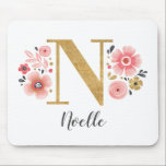 Tapis De Souris Monogramme rose fille<br><div class="desc">Un magnifique tapis de souris rose monogrammée féminine, avec des fleurs roses et une lettre en or monocorde N. Personnalisez le tapis de souris en ajoutant votre nom sous le monogramme. Fait un cadeau amusant pour un ami ou pour un cadeau de femme d'honneur. Conçu pour vous par Blackberry Boulevard....</div>