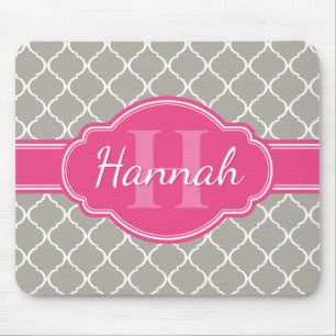 Tapis De Souris Monogramme rose Motif en lattice blanc gris