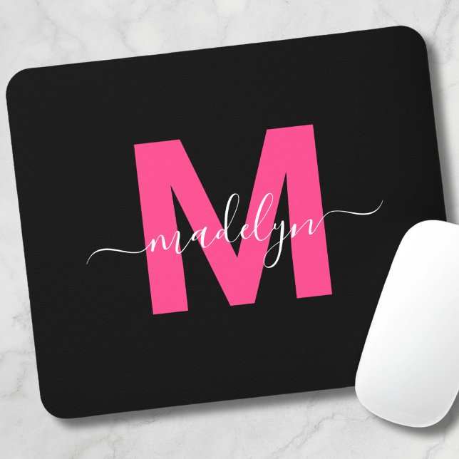 Tapis De Souris Monogramme rose noir (Black Pink Monogram Script Name Mouse Pad )