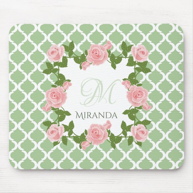 Tapis De Souris Monogramme rose rose du Quatrefoil vert du Nil (Devant)
