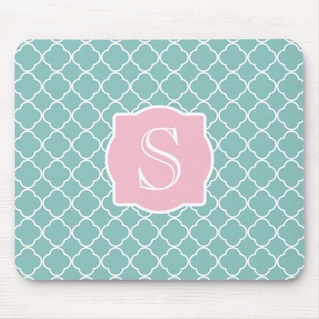 Tapis De Souris Monogramme rose vert clair de Quatrefoil (Devant)