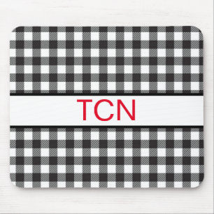 Tapis De Souris Monogramme rouge sur damier bœuf noir et blanc