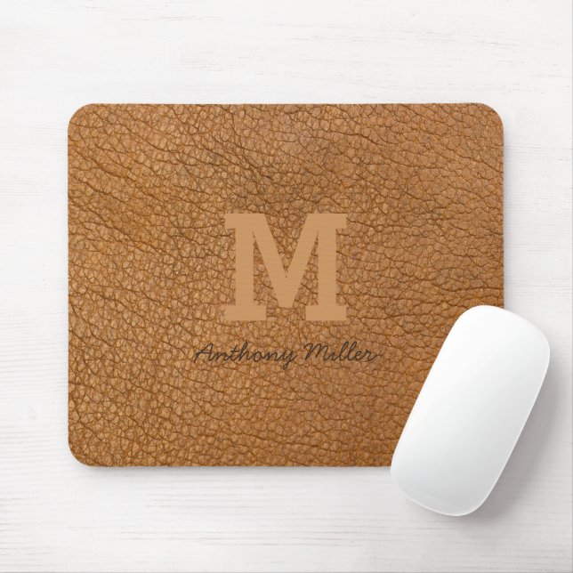 Tapis De Souris Monogramme Russe Cuir Brown Nom Script Moderne (Avec souris)