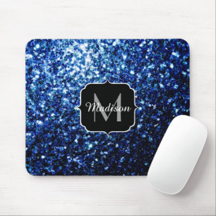 Tapis De Souris Monogramme scintillant faux paillettes bleu foncé 