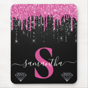 Tapis De Souris Monogramme scintillant rose chaud et noir qui dégo