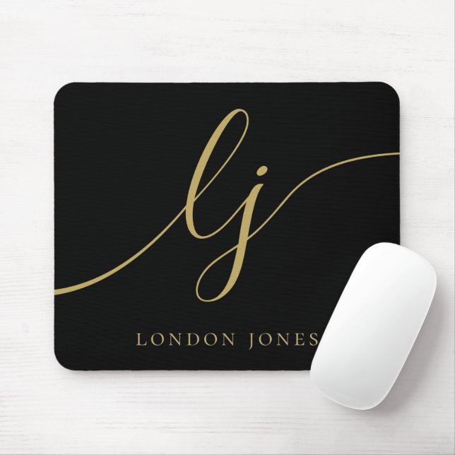 Tapis De Souris Monogramme Script Elegant Black Gold Feminine (Avec souris)