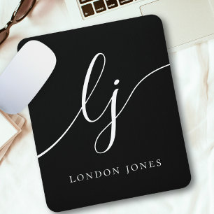 Tapis De Souris Monogramme Script Élégante Feminine Noir Blanc