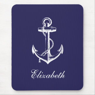 Tapis De Souris Monogramme sur mesure d'Ancre Vintage bleu marine