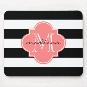 Tapis De Souris Monogramme sur mesure des rayures nautiques noir e