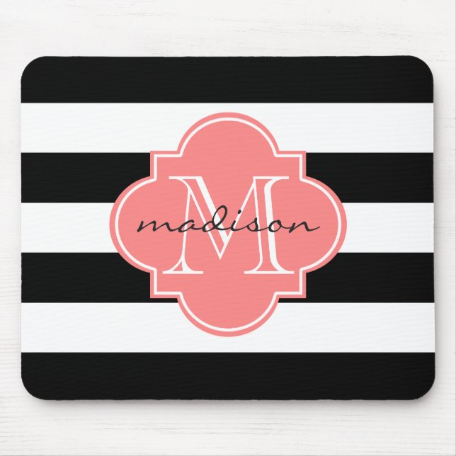 Tapis De Souris Monogramme sur mesure des rayures nautiques noir e (Devant)