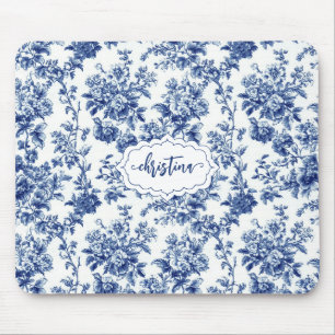Tapis De Souris Monogramme Toile Florale Vintage Bleu Marine Perso
