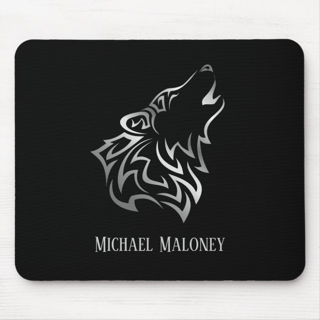 Tapis De Souris Monogramme tribal vectoriel du loup d'argent noir (Devant)