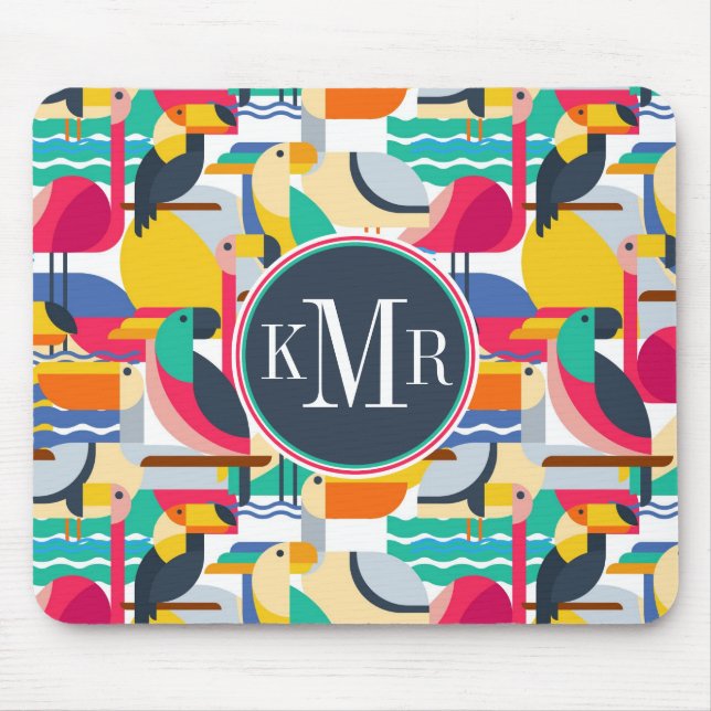Tapis De Souris Monogramme tropical géométrique des oiseaux | (Devant)