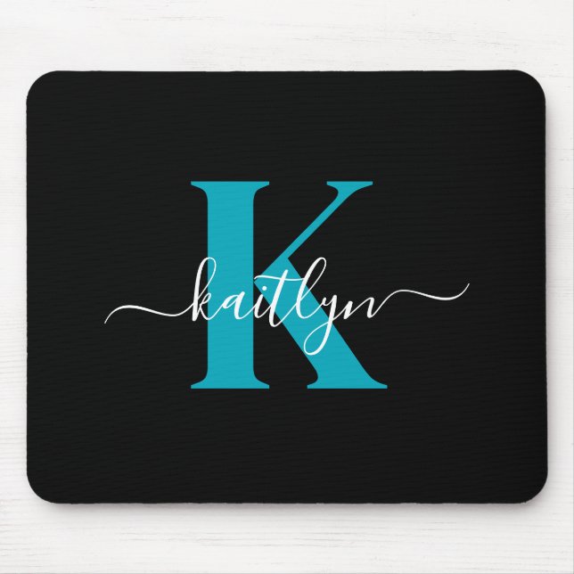 Tapis De Souris Monogramme Turquoise noir moderne (Devant)