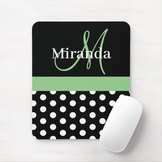 Tapis De Souris Monogramme vert noir blanc Polka Point (Avec souris)