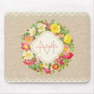Tapis De Souris Monogramme Vintage de couronnes florales dentelle