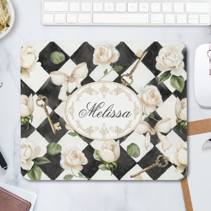 Tapis De Souris Monogramme Vintage Rose Fleurs Noir Blanc Diamant