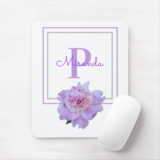 Tapis De Souris Monogramme violet encadré Fleur de pivoine rose (Avec souris)