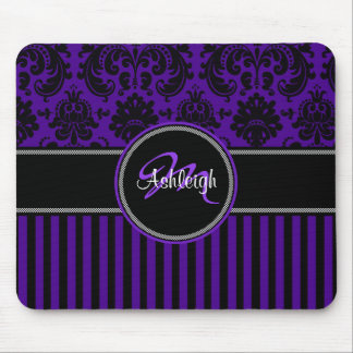 Tapis De Souris Monogramme violet noir blanc rayure Damask Mousepa