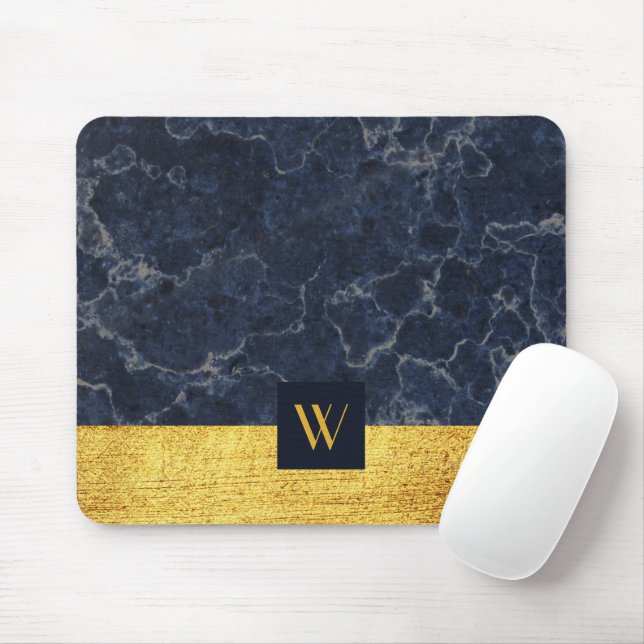 Tapis De Souris Monogrammed Blue Marble Faux Gold Texture Print (Avec souris)