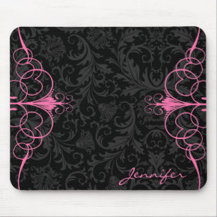 Tapis De Souris Monotones Noires Damas Florales & Cadre Rose