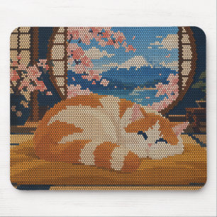 Tapis De Souris Mont Fuji Fleur de Cerisier Chat Endormi Pixel Art