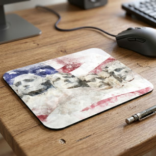 Tapis De Souris Mont Rushmore Aquarelle avec drapeau américain