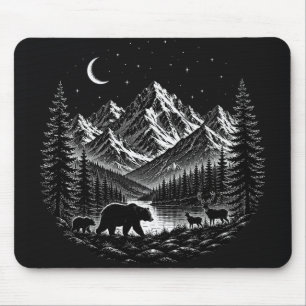 Tapis De Souris Montagne Mystique Nuit de Style Linogravure Sauvag