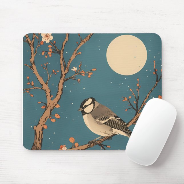 Tapis De Souris - Moonlit Bird on Blossom Branch (Avec souris)