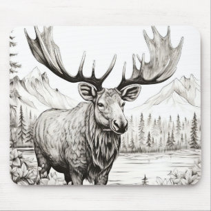 Tapis De Souris Moose Nature paisible Prairie Sketch Style de dess