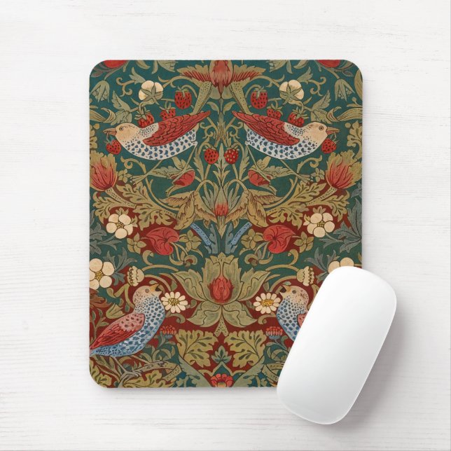 Tapis De Souris Morris Strawberry Thief Vert sarcelle Rouge Art fl (Avec souris)