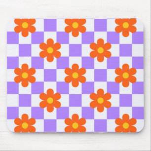 Tapis De Souris Motif à carreaux violets avec fleur hippie orange