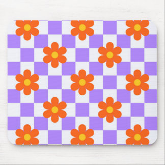 Tapis De Souris Motif à carreaux violets avec fleur hippie orange