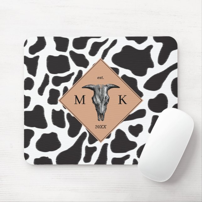 Tapis De Souris Motif animal noir et blanc Vache tache Monogramme (Avec souris)