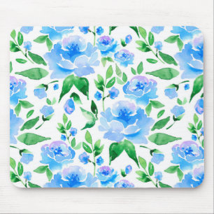 Tapis De Souris Motif avec fleurs d'aquarelle bleue