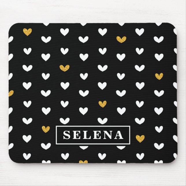 Tapis De Souris Motif Black White Gold Heart avec nom personnalisé (Devant)