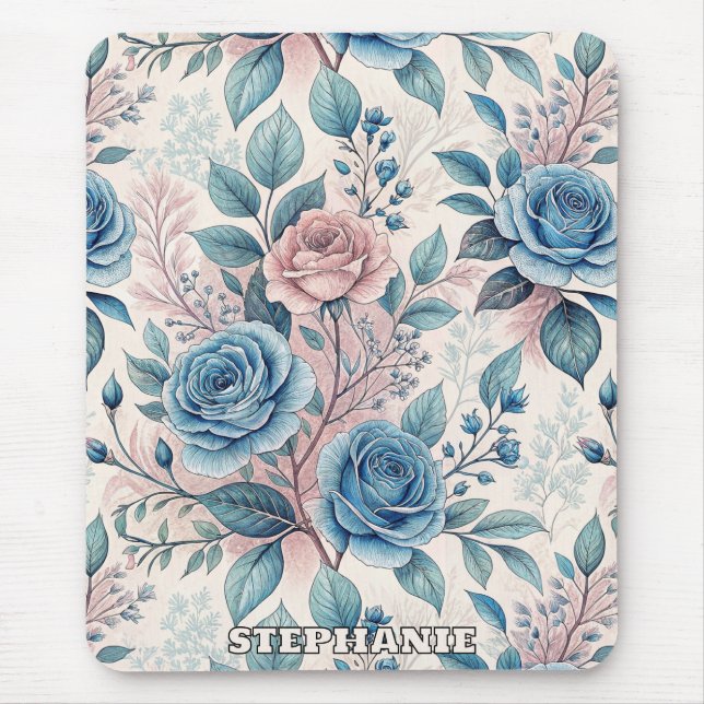 Tapis De Souris Motif bleu et rose sur blanc doux (Devant)