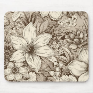 Tapis De Souris Motif botanique raffiné dans des tons sépia doux