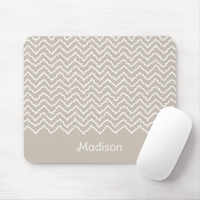 Tapis De Souris Motif chevron zigzag ondulé beige et blanc (Avec souris)